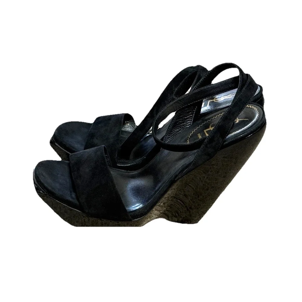 YSL Saint Laurent 2010s Era Lacquered Wedges Suede Wood Heel Black Heels Damage - Picture 5 of 16